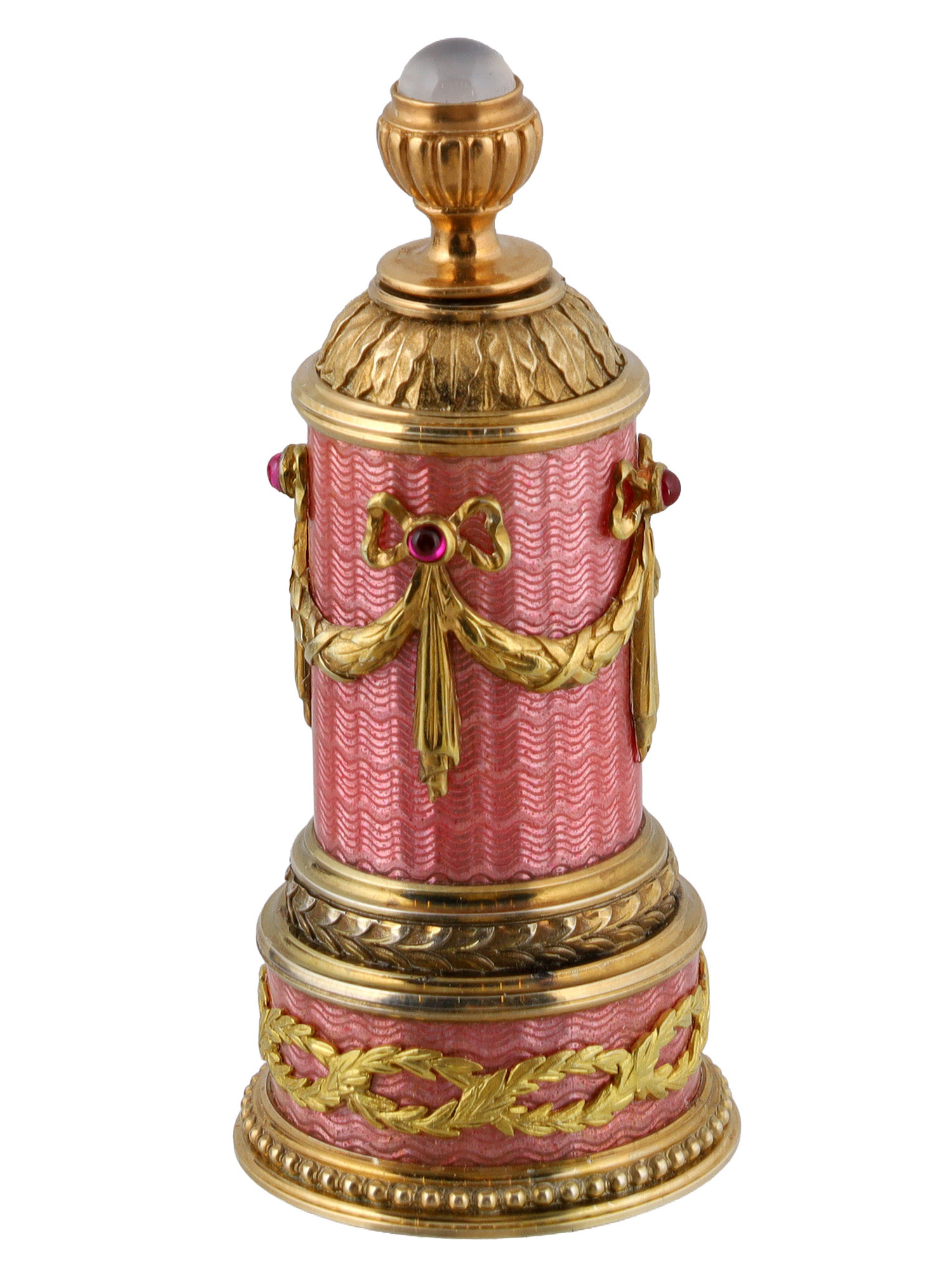 A RUSSIAN SILVER-GILT, GOLD, GUILLOCHÉ ENAMEL AND GEM-SET PERFUME BOTTLE