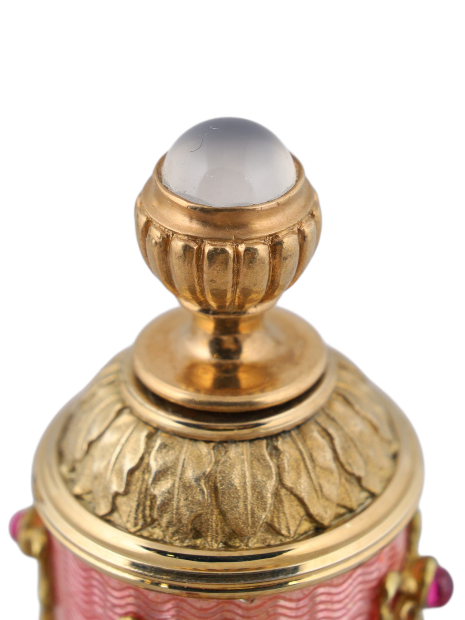 A RUSSIAN SILVER-GILT, GOLD, GUILLOCHÉ ENAMEL AND GEM-SET PERFUME BOTTLE