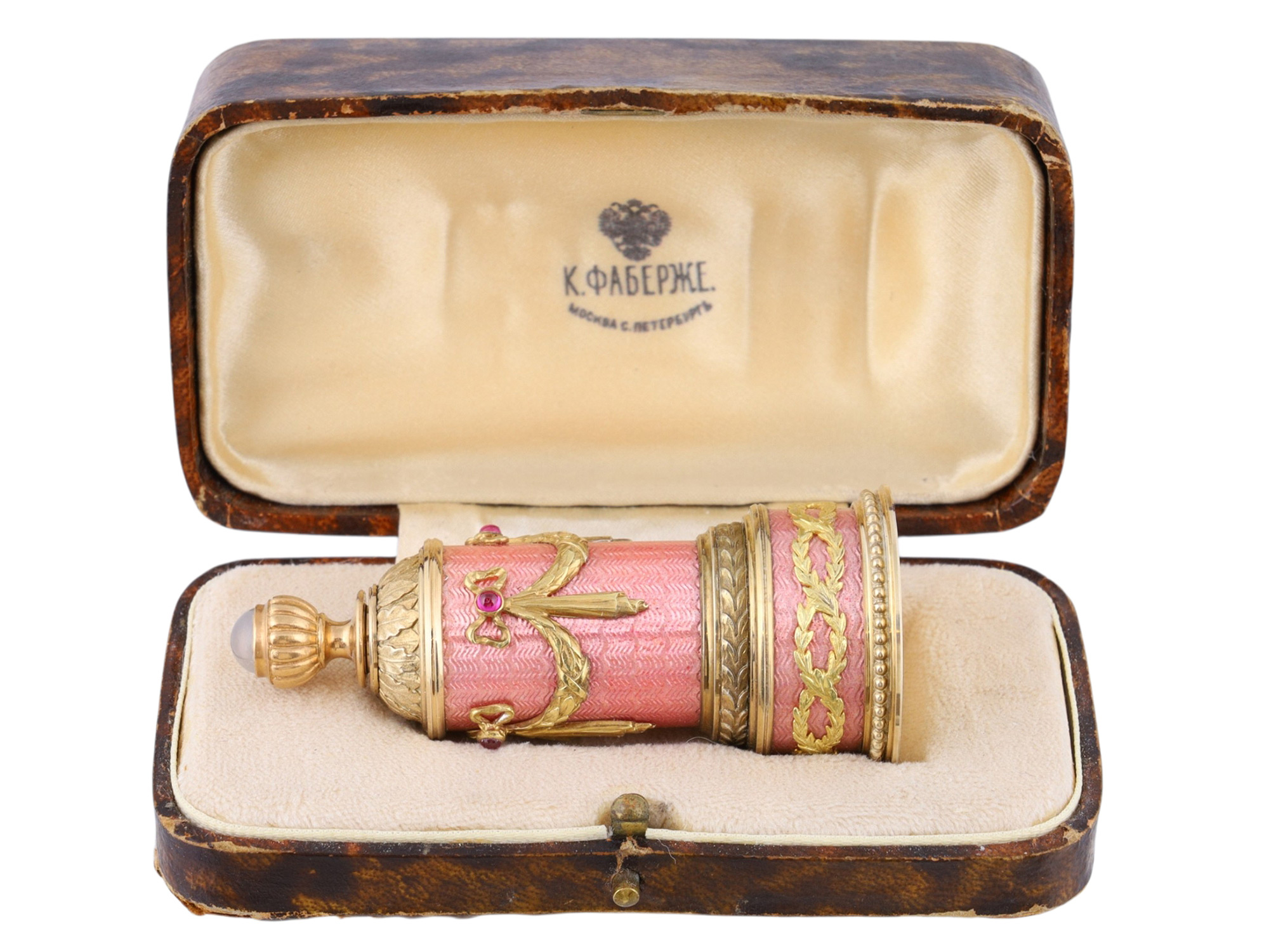 A RUSSIAN SILVER-GILT, GOLD, GUILLOCHÉ ENAMEL AND GEM-SET PERFUME BOTTLE