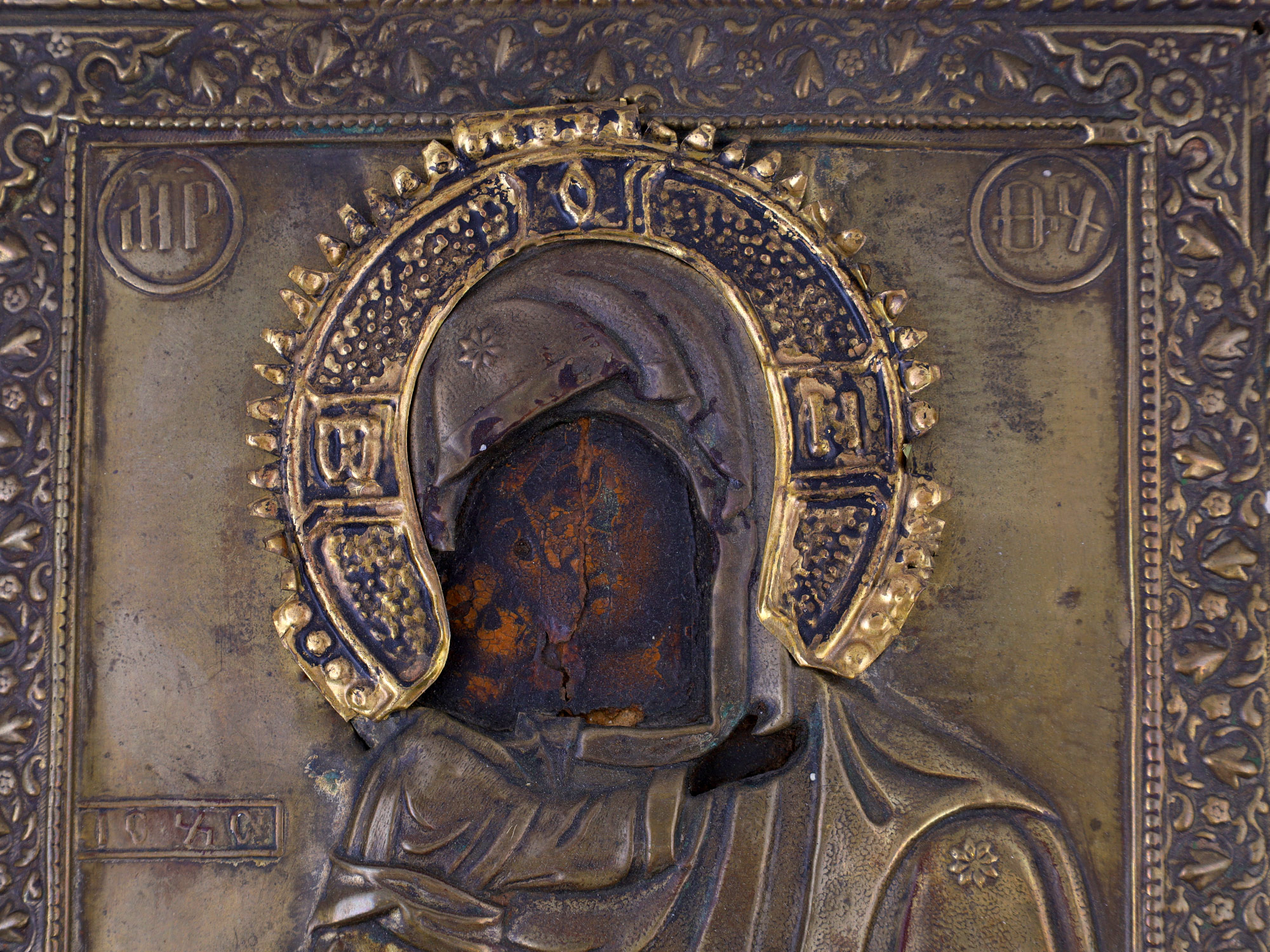 ANTIQUE RUSSIAN ICON BRASS OKLAD THEOTOKOS, CA 19TH C