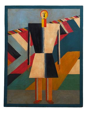 A RUSSIAN AVANT-GARDE STYLE OIL ON BOARD PAINTING, 20TH CENTURY. An oil on board painting 