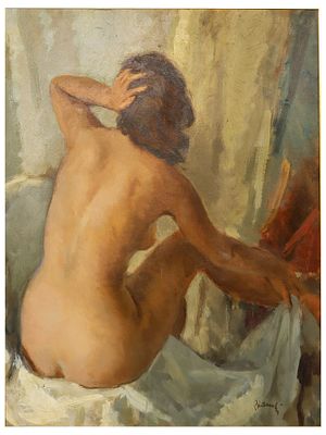 A SIGNED OIL ON CANVAS STUDY OF A SEATED FEMALE NUDE, 20TH CENTURY. An oil on canvas depicting a 