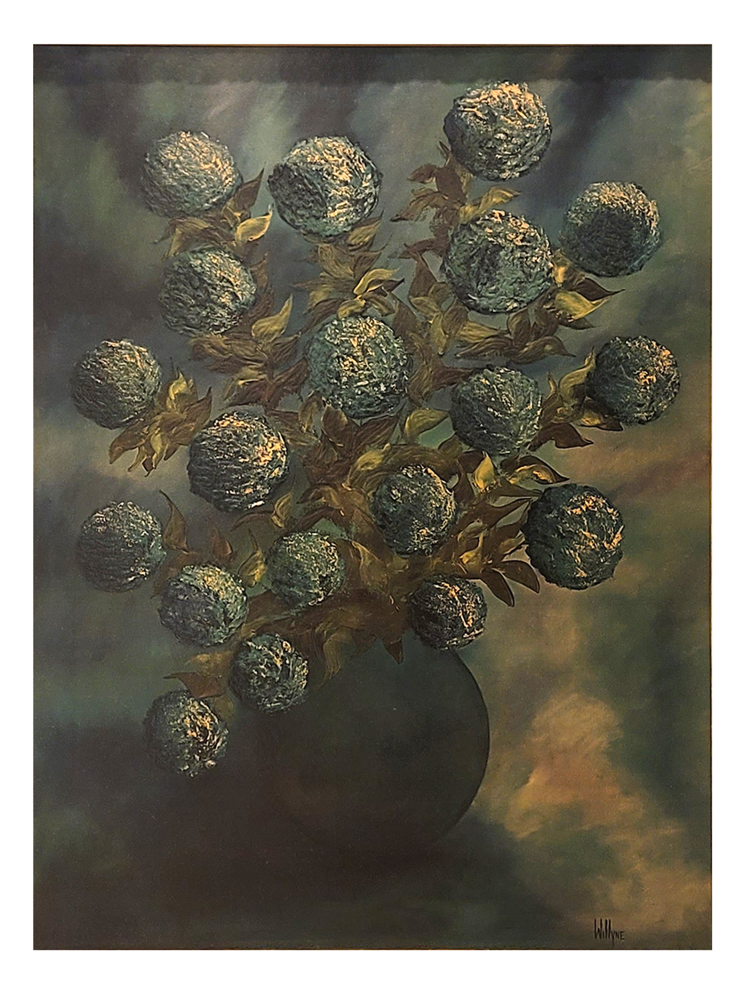 A LARGE TURNER WALL ACCESSORY FLORAL STILL LIFE "BLUE MUMS," SIGNED WAYNE, MID-20TH CENTURY