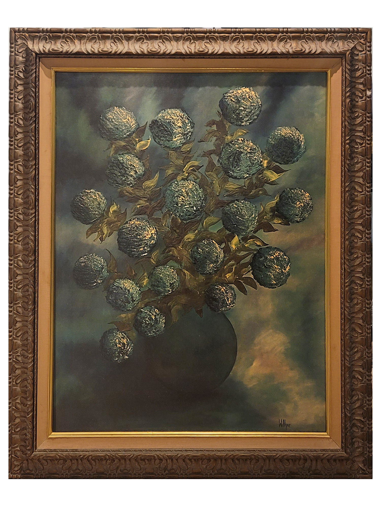A LARGE TURNER WALL ACCESSORY FLORAL STILL LIFE "BLUE MUMS," SIGNED WAYNE, MID-20TH CENTURY