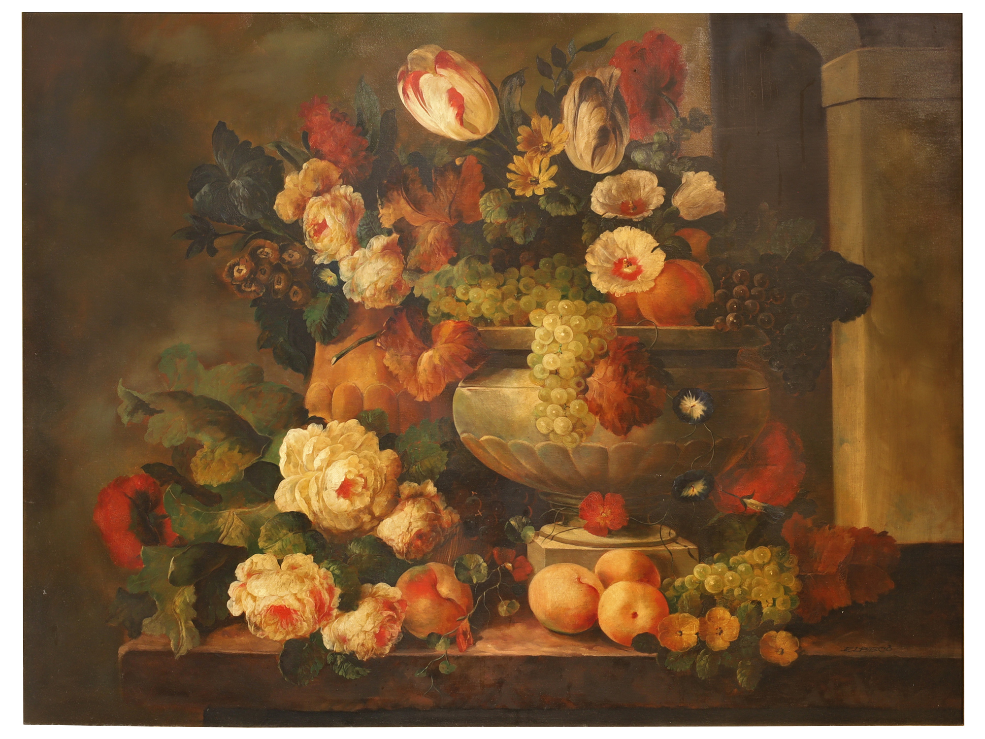 A LARGE STILL LIFE WITH FLOWERS AND FRUIT BY MARCUS ELBECO