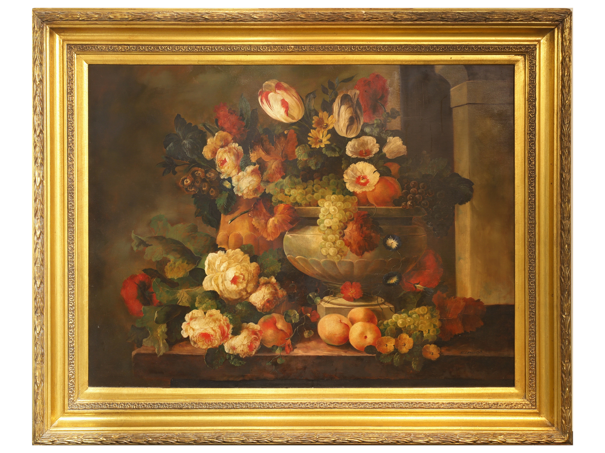 A LARGE STILL LIFE WITH FLOWERS AND FRUIT BY MARCUS ELBECO