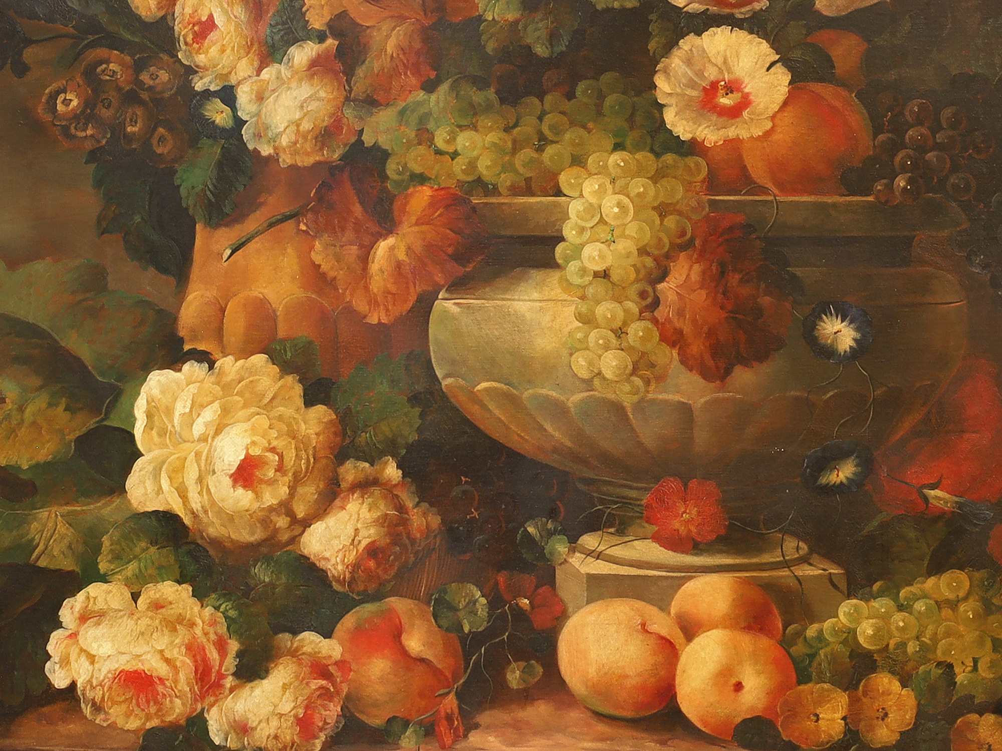 A LARGE STILL LIFE WITH FLOWERS AND FRUIT BY MARCUS ELBECO