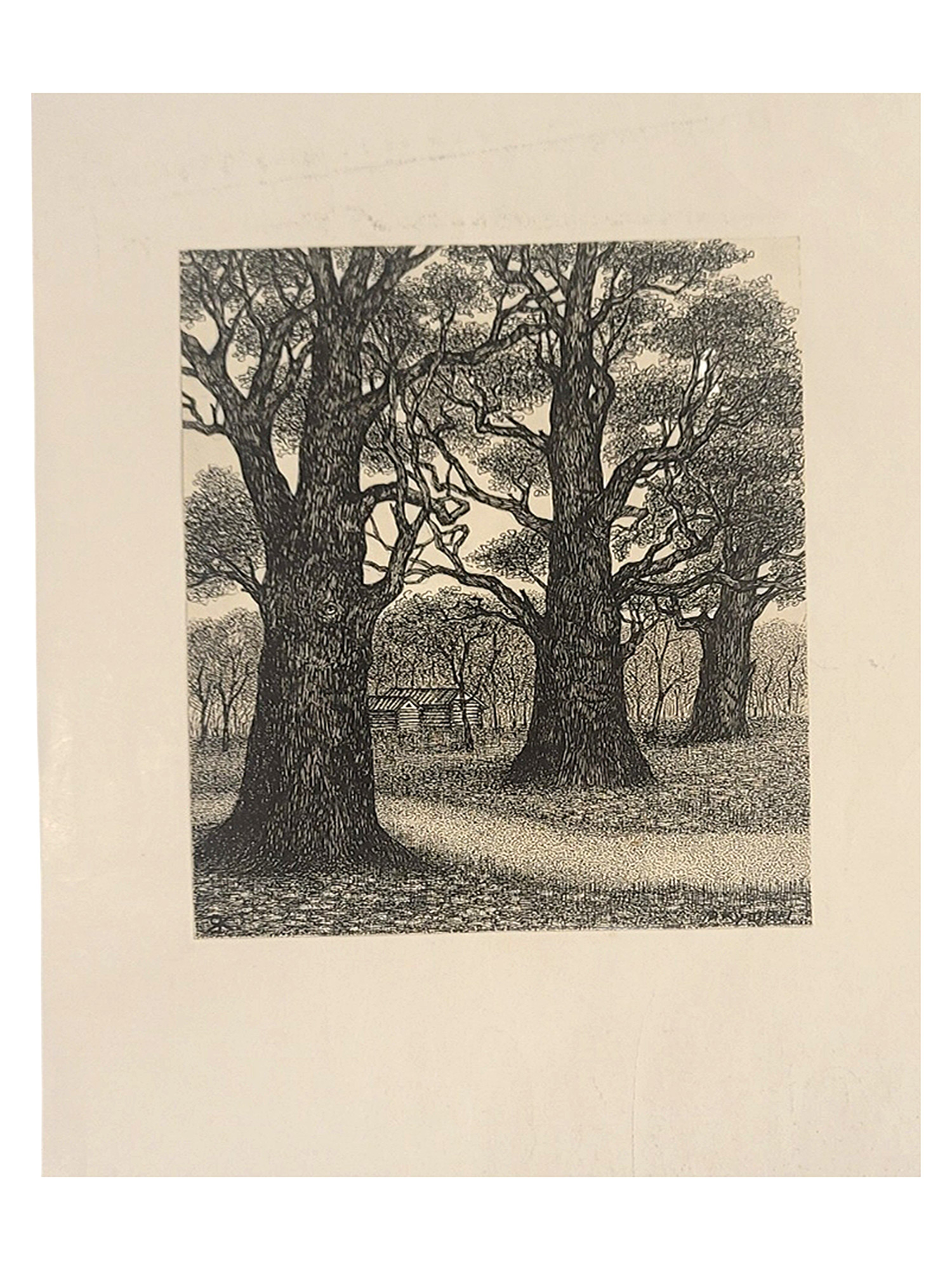 A RUSSIAN LANDSCAPE ETCHING WITH OLD OAK TREES, SIGNED "KONST. YAKUSHIN"