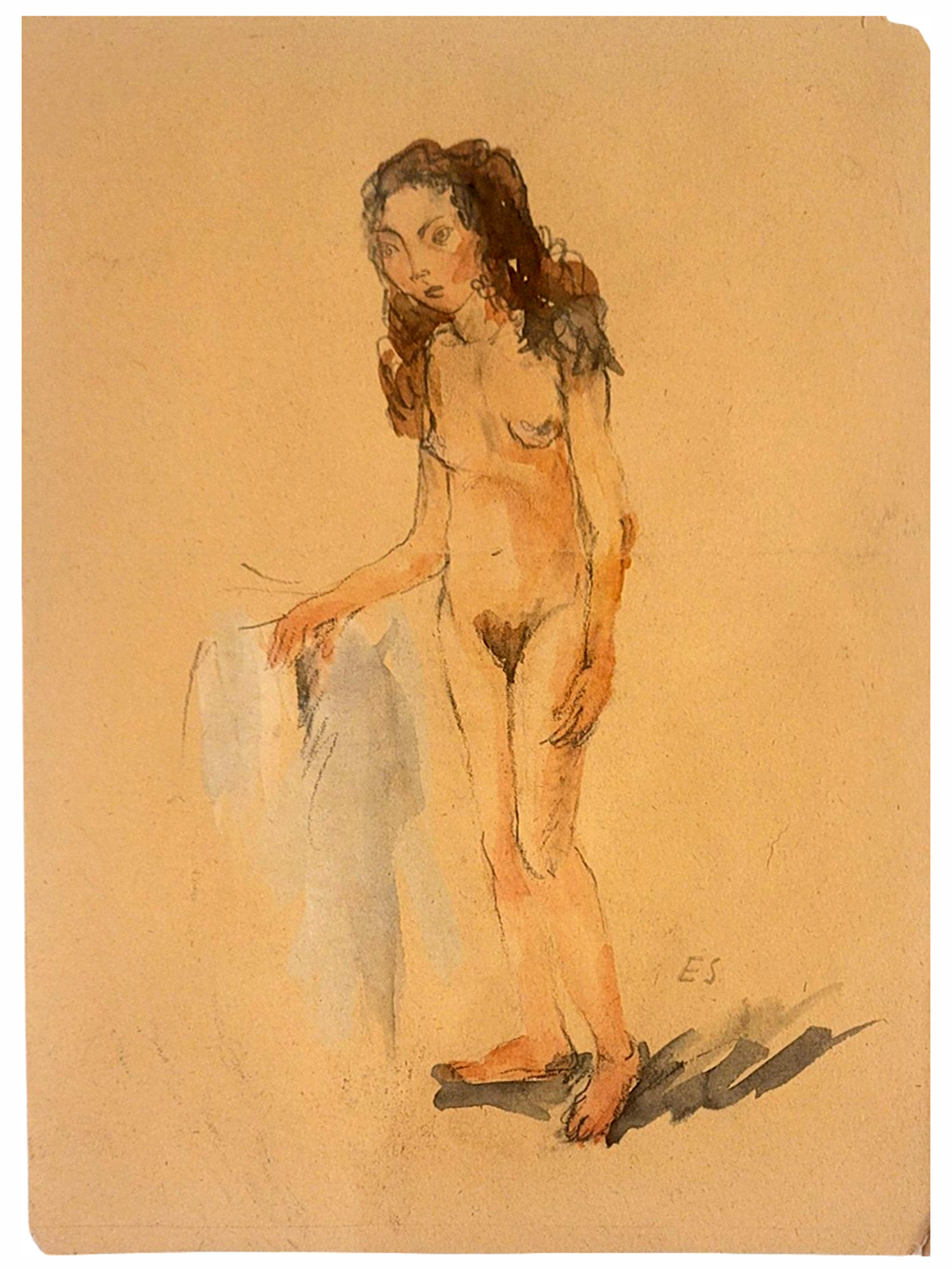 A RUSSIAN WATERCOLOR STUDY OF A STANDING FEMALE NUDE, SIGNED "E.S."