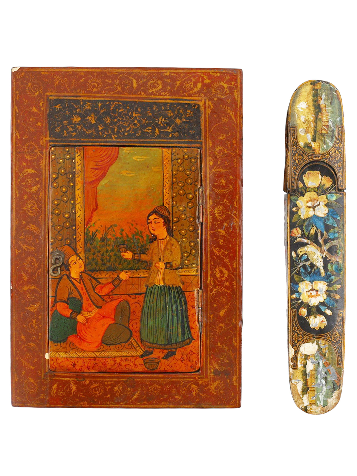 A 19TH C PERSIAN QAJAR DYNASTY LACQUERED MIRROR CASE AND PIN BOX