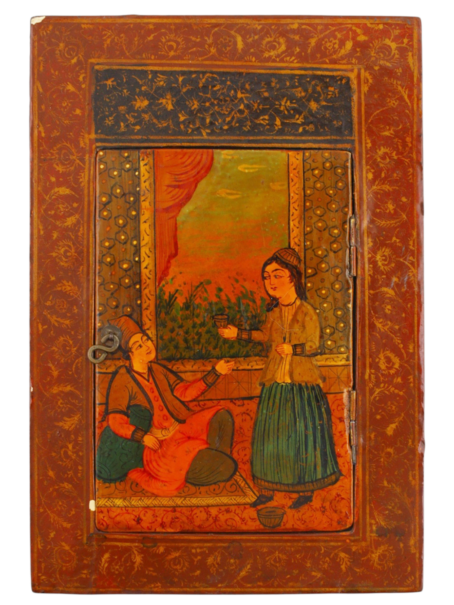 A 19TH C PERSIAN QAJAR DYNASTY LACQUERED MIRROR CASE AND PIN BOX