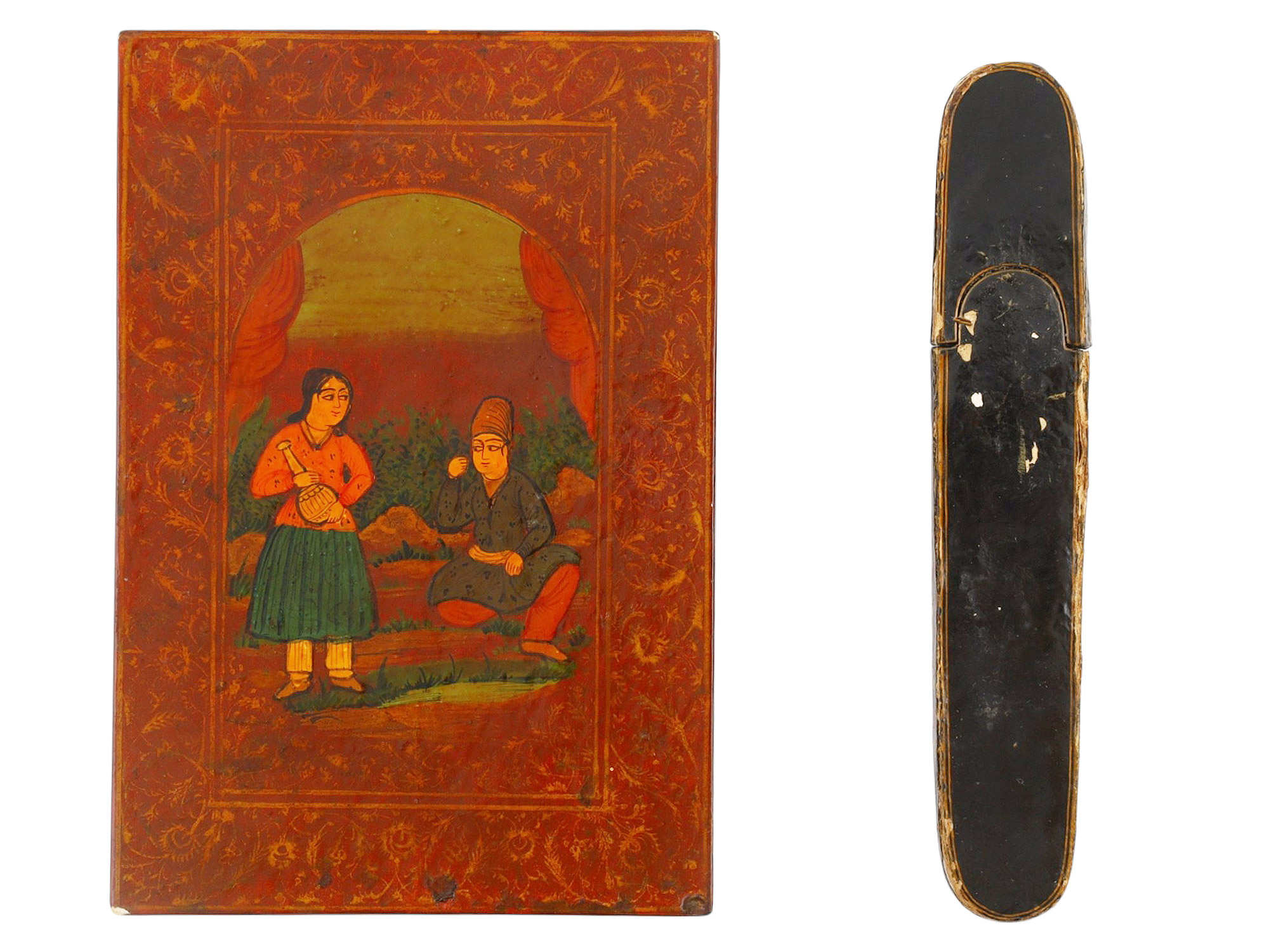 A 19TH C PERSIAN QAJAR DYNASTY LACQUERED MIRROR CASE AND PIN BOX
