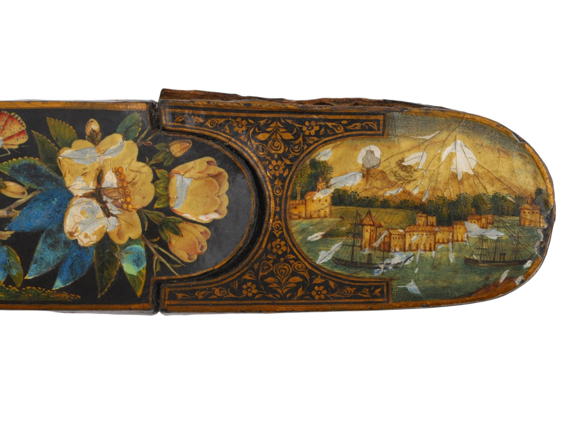 A 19TH C PERSIAN QAJAR DYNASTY LACQUERED MIRROR CASE AND PIN BOX