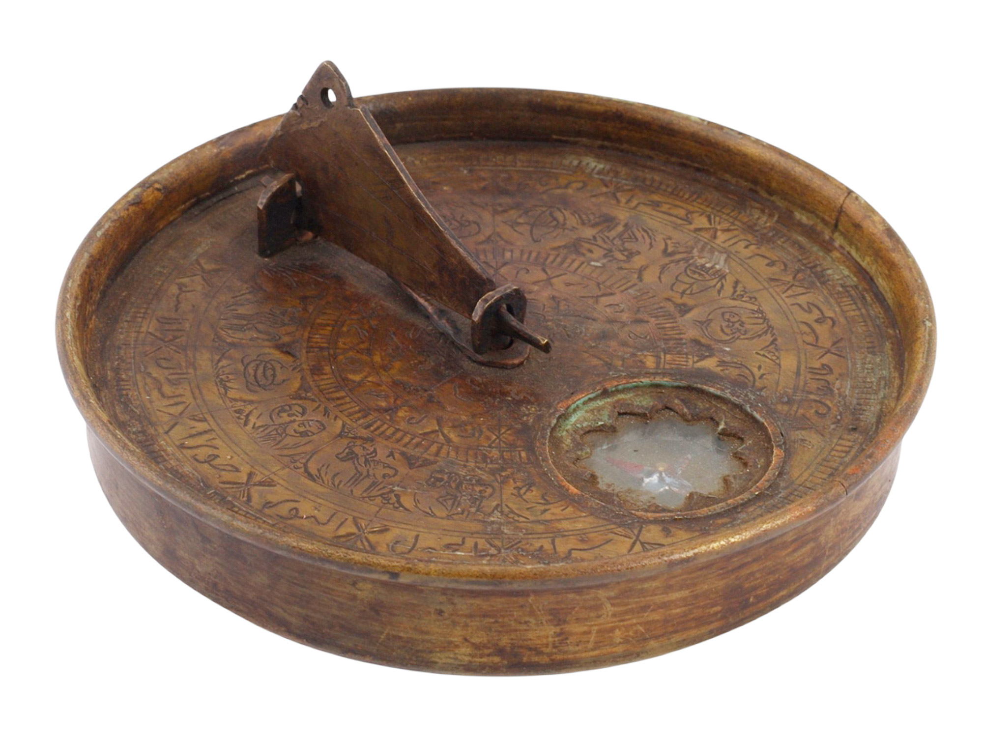 A MIDDLE EASTERN BRASS-MOUNTED QIBLA COMPASS AND SUNDIAL, 19TH CENTURY