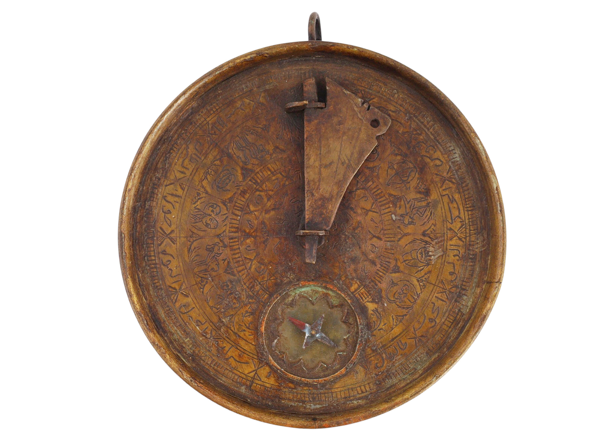 A MIDDLE EASTERN BRASS-MOUNTED QIBLA COMPASS AND SUNDIAL, 19TH CENTURY
