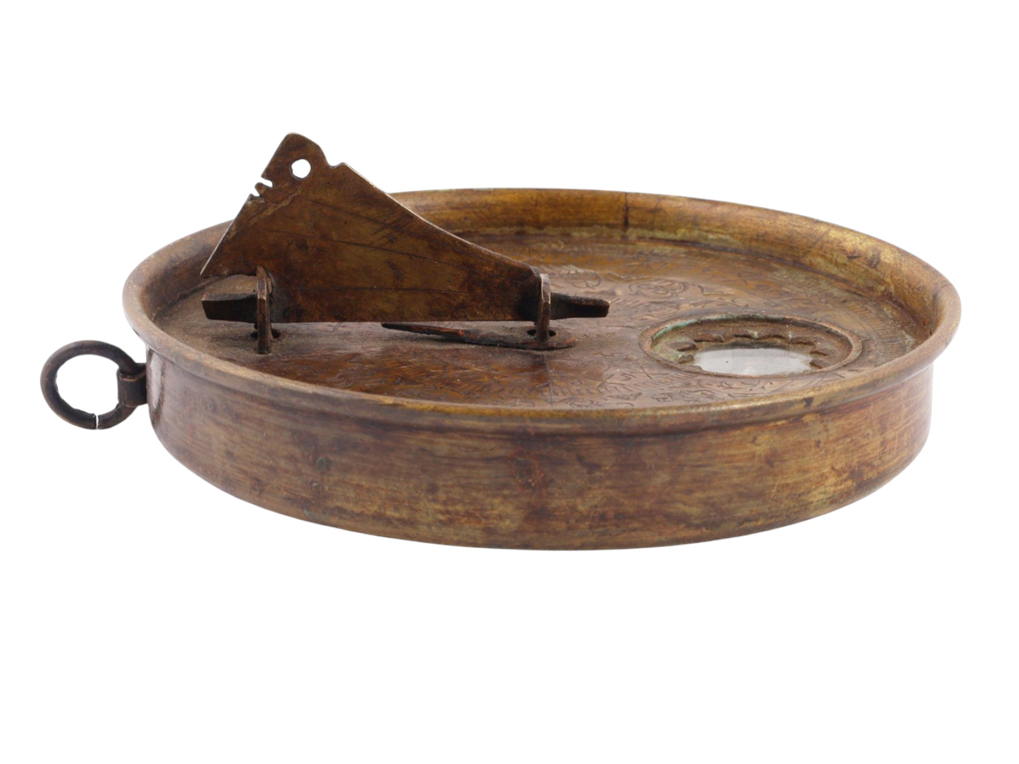 A MIDDLE EASTERN BRASS-MOUNTED QIBLA COMPASS AND SUNDIAL, 19TH CENTURY