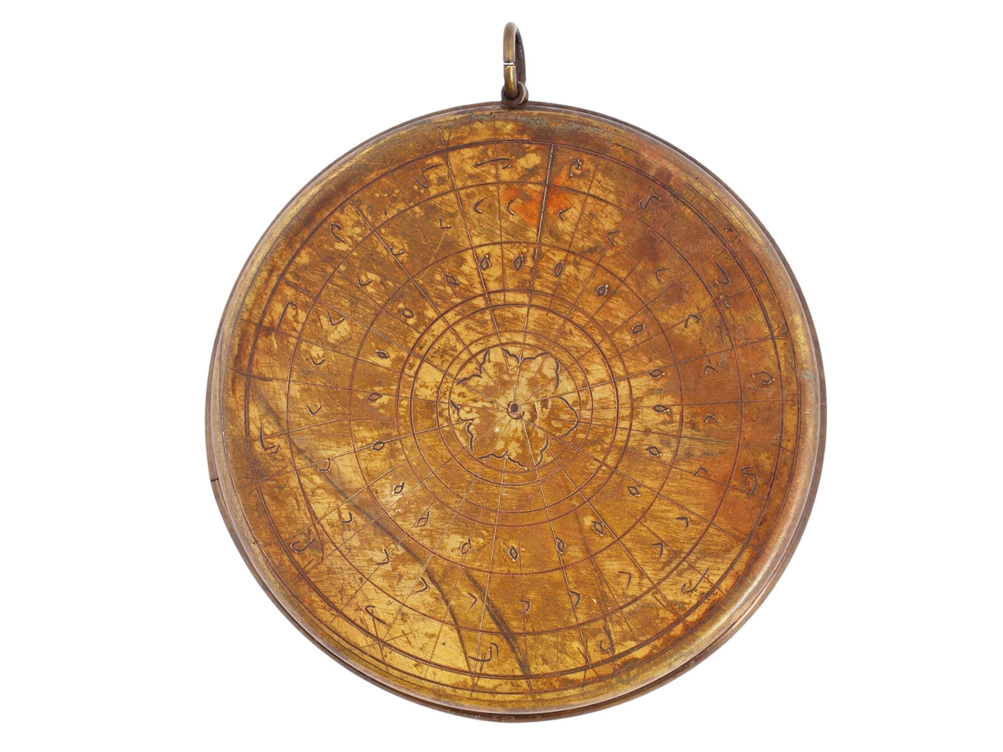 A MIDDLE EASTERN BRASS-MOUNTED QIBLA COMPASS AND SUNDIAL, 19TH CENTURY