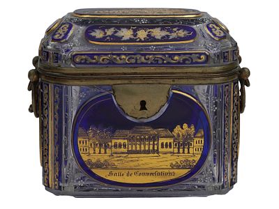 A GERMAN COBALT BLUE GLASS LIDDED CHEST WITH SCENES OF BADEN-BADEN, 19TH CEN. A 