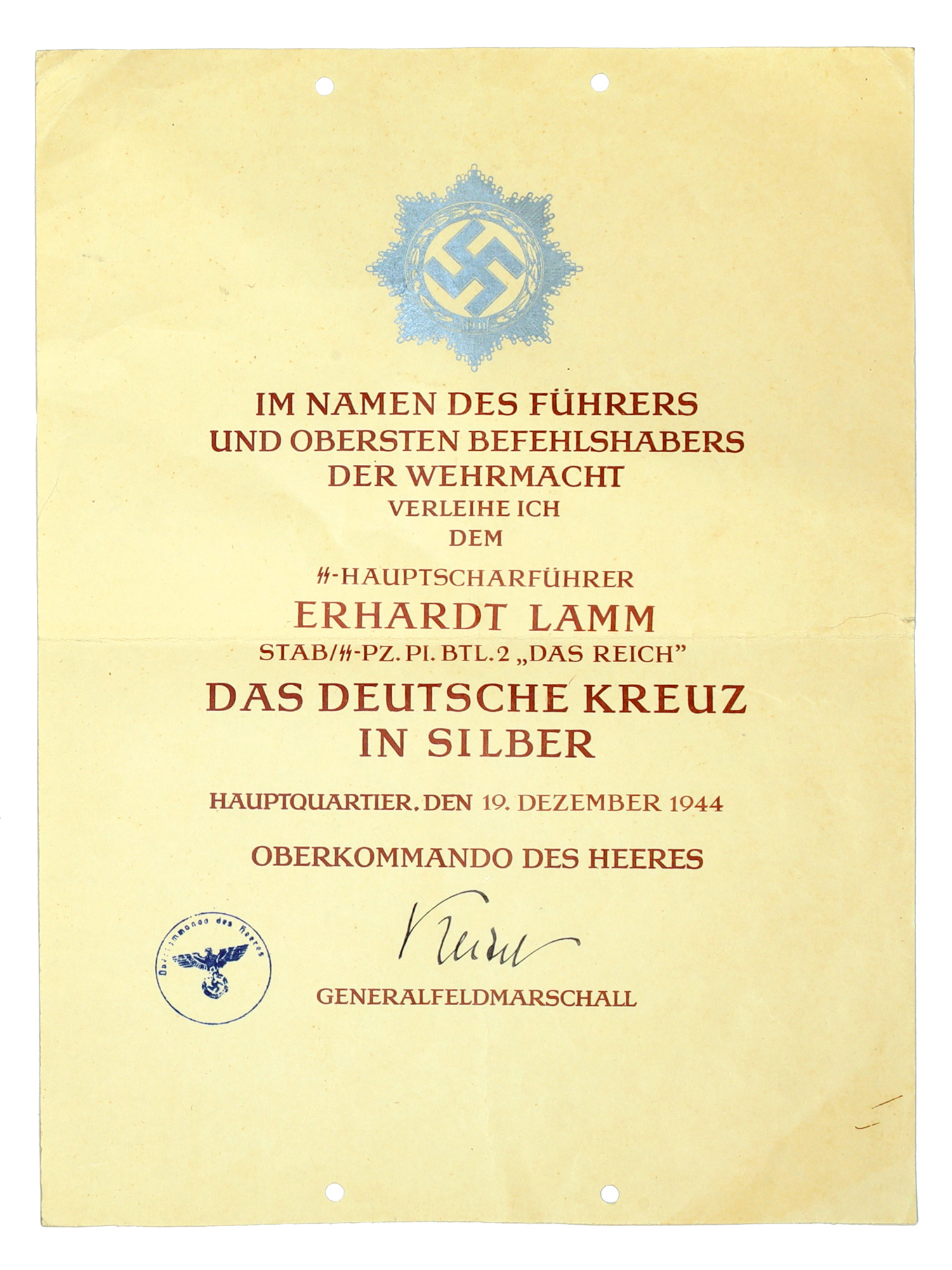 A GERMAN WWII WAFFEN-SS AWARD DOCUMENT FOR THE GERMAN CROSS IN SILVER, ERHARDT LAMM, "DAS REICH," 1944