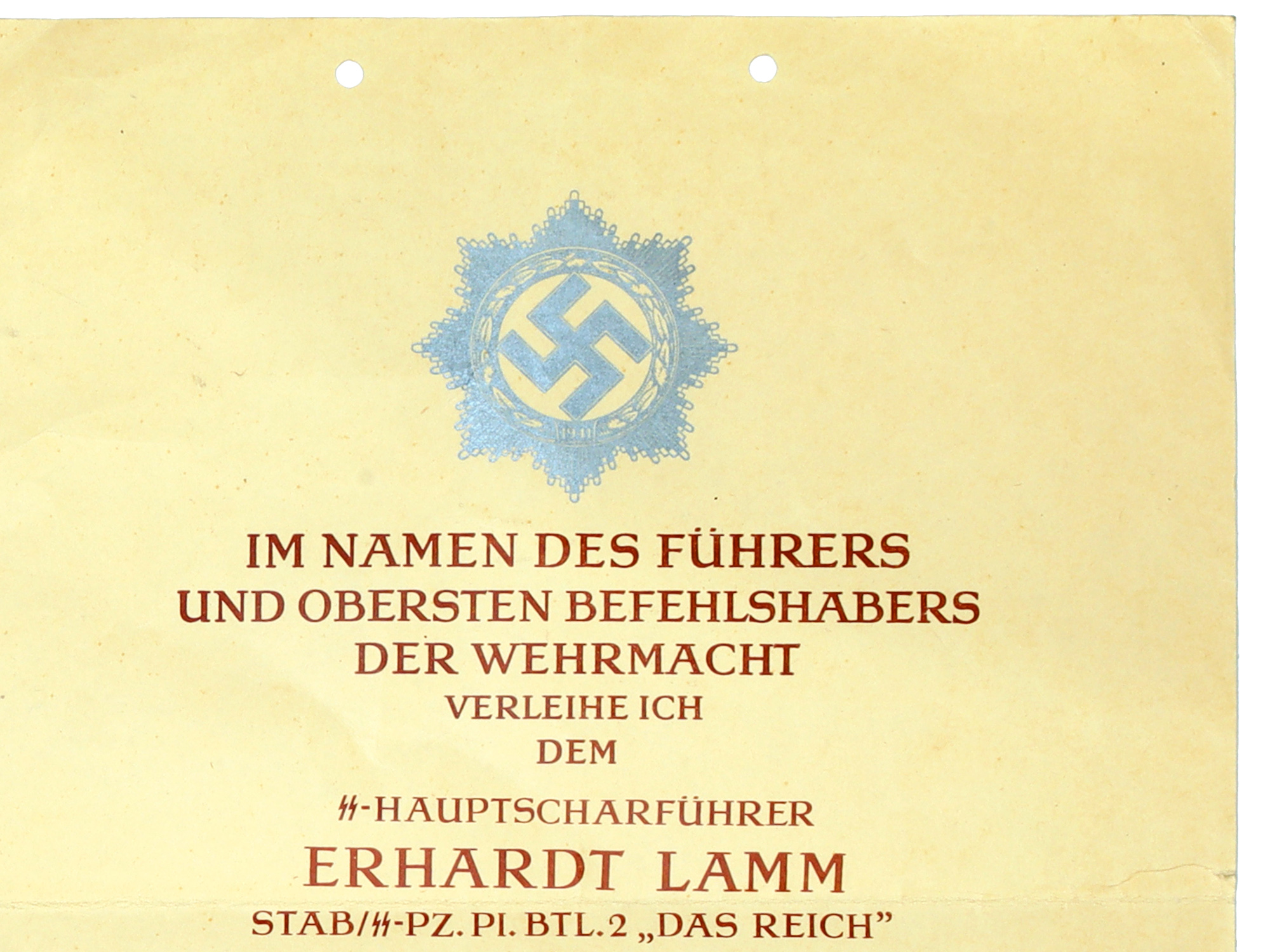 A GERMAN WWII WAFFEN-SS AWARD DOCUMENT FOR THE GERMAN CROSS IN SILVER, ERHARDT LAMM, "DAS REICH," 1944