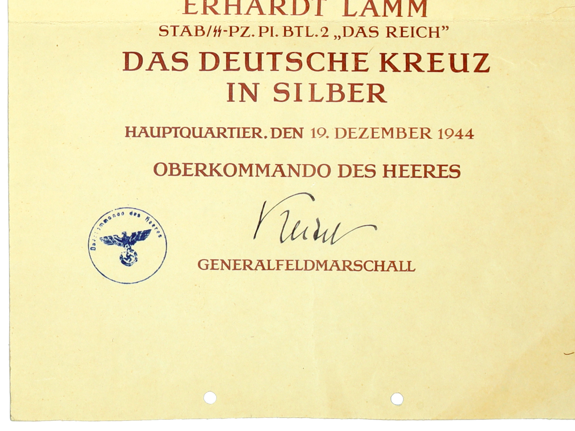 A GERMAN WWII WAFFEN-SS AWARD DOCUMENT FOR THE GERMAN CROSS IN SILVER, ERHARDT LAMM, "DAS REICH," 1944