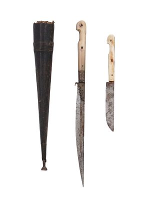 AN OTTOMAN BICHAQ KNIFE SET IN A LEATHER SHEATH, 19TH CENTURY. An Ottoman bichaq style knife set 