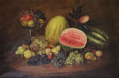 ILYA MASHKOV (1881-1944)
Still life with watermelons, melon, grapes, apples and pears. oil on 