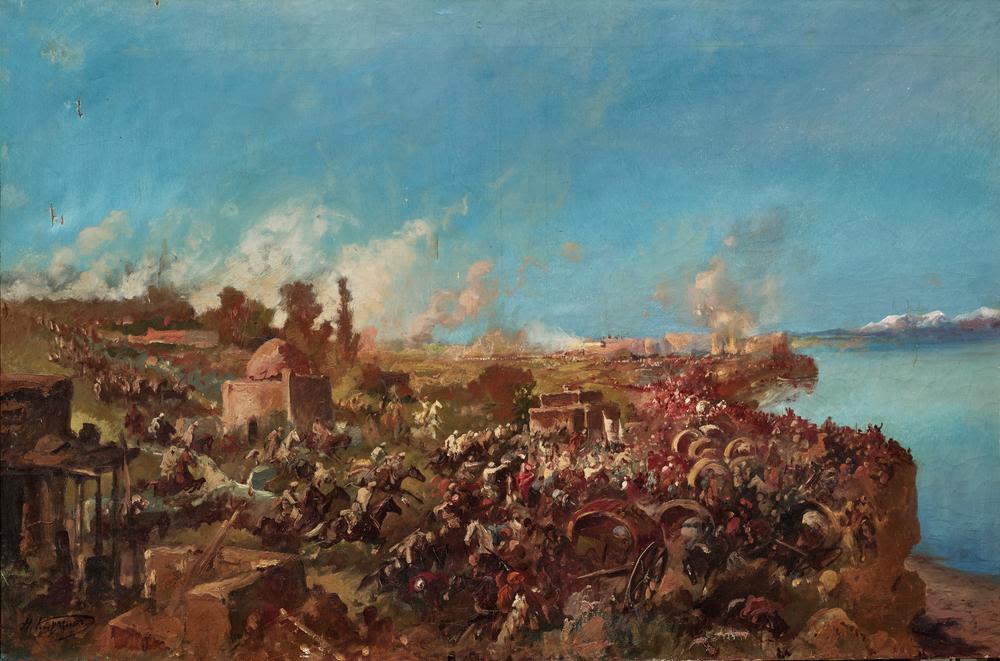 NIKOLAY KARAZIN (1842-1908)
Battle scene. signed in Cyrillic &laquo;N. Krazin&raquo; (lower left) 
oil on 