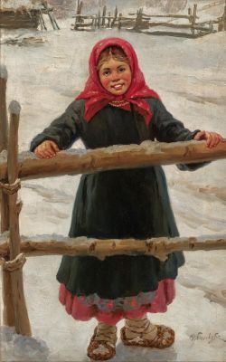 FEDOT SYCHKOV (1870-1958)
Portrait of a peasant girl in a red shawl. signed in Cyrillic ‘F. 