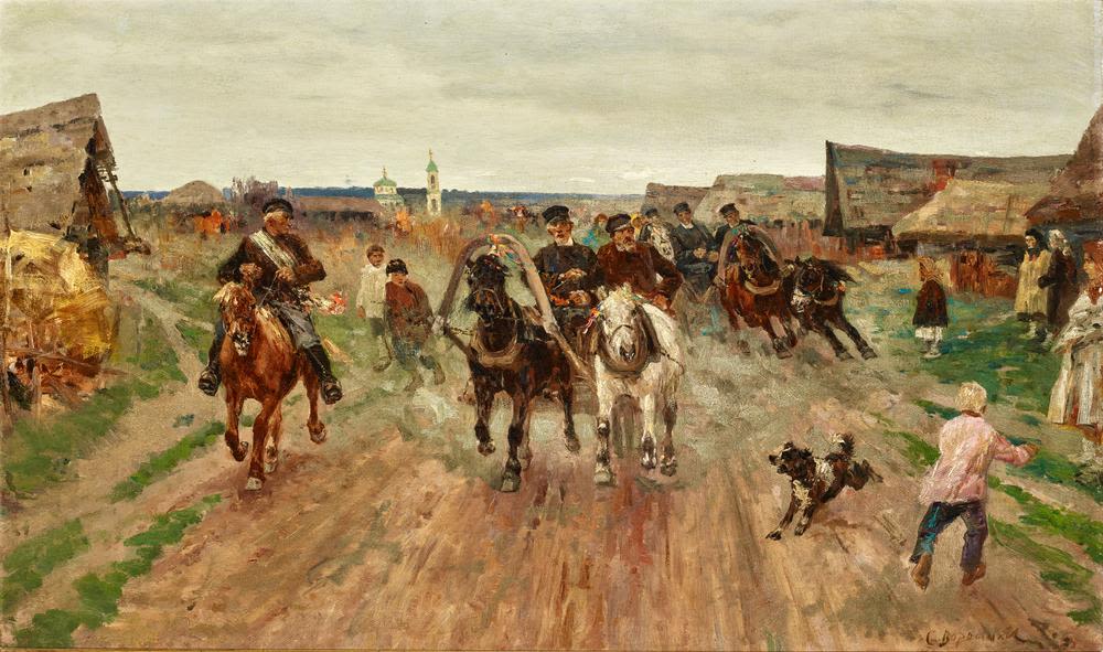 SERGEY VOROSHILOV (1865 - AFTER 1911). Wedding procession of troikas passing through the village 