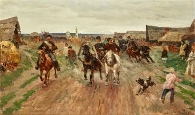 SERGEY VOROSHILOV (1865 - AFTER 1911). Wedding procession of troikas passing through the village 