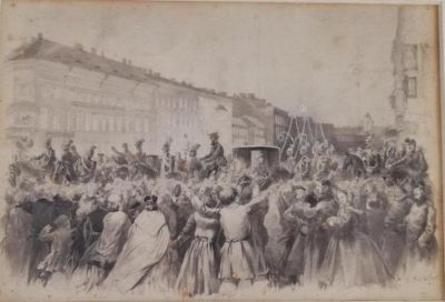 FRANZ TEICHEL (1816 – ?)
Alexander II in the streets of St. Petersburg. signed ‘F.Teichel’ 