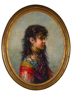 ALEXEJ HARLAMOFF (1840–1925)
Portrait of a young gypsy girl. signed ‘Harlamoff’ (lower right) 