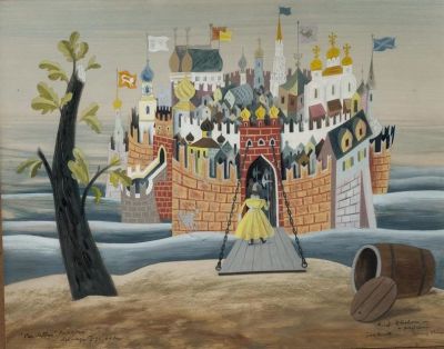 SIMON LISSIM (1900-1981)
Decoration for “Tsar Saltan”. Inscribed in Polish (?) 
oil on canvas 