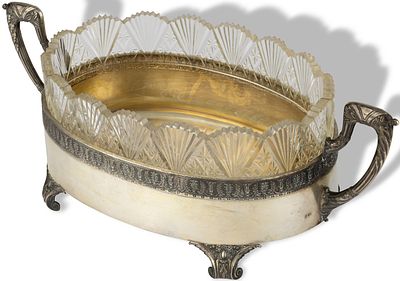 RUSSIAN SILVER OVAL CENTREPIECE WITH CRYSTAL LINER
SECOND SILVER ARTEL, MOSCOW, 1908-1917. Hallma 