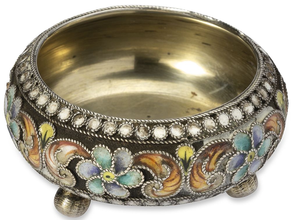 FINE RUSSIAN PARCEL-GILT SILVER AND CLOISONNE ENAMEL SALT CELLAR
Nikolai Alekseev, Moscow 
