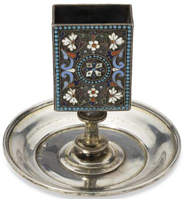 RUSSIAN SILVER AND CLOISONN&Eacute; ENAMEL MATCH HOLDER
Moscow, 1886. Hallmarks: ‘84’ silver standard 