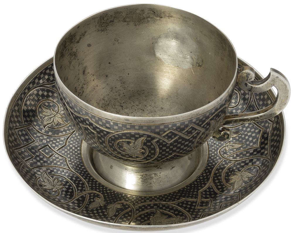 RUSSIAN SILVER AND NIELLO CUP AND SAUCER
Master possibly Egor Ermolaev, Assay master Victor 