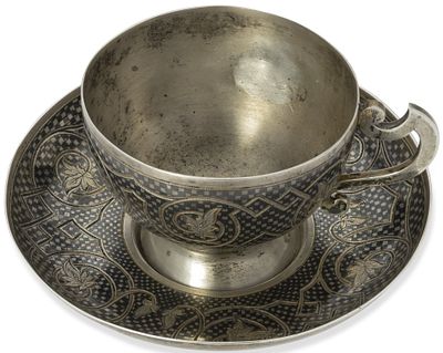 RUSSIAN SILVER AND NIELLO CUP AND SAUCER
Master possibly Egor Ermolaev, Assay master Victor 