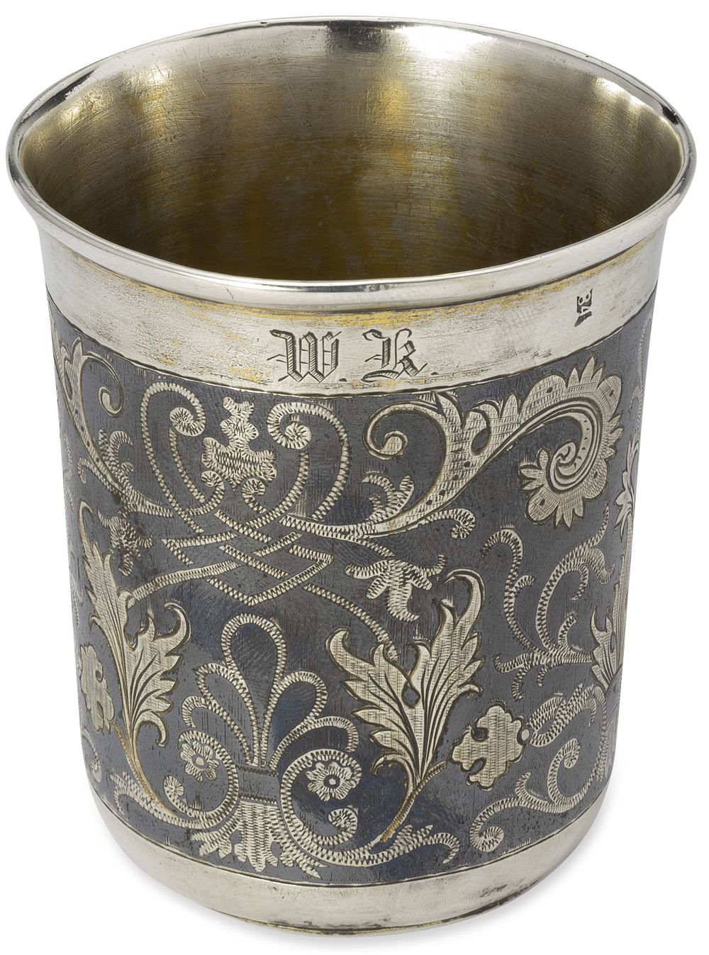 RUSSIAN PARCEL-GILT SILVER AND NIELLO BEAKER
Assay master Andrei Kovalsky, Moscow, 1835-1847. Hal 