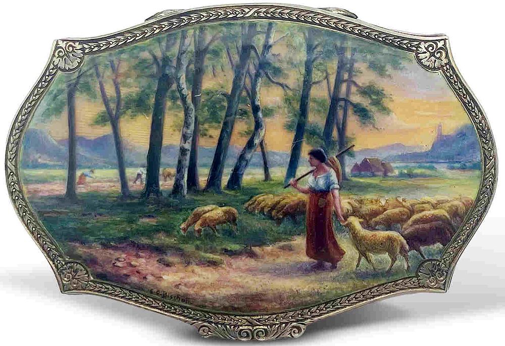 SILVER AND ENAMEL SNUFF BOX WITH A PASTORAL SCENE. Hallmarks: numbered '59376', silver mark 
