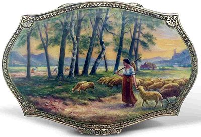 SILVER AND ENAMEL SNUFF BOX WITH A PASTORAL SCENE. Hallmarks: numbered '59376', silver mark 