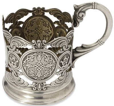 SOVIET SILVER OPEN WORK TEA GLASS HOLDER
Moscow, 1954. Hallmarks: ‘875’ silver standard and 