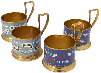 FOUR SOVIET METAL AND ENAMEL TEA GLASS HOLDERS ‘WALNUT’ AND ‘ROWANBERRY’, circa 1970s. Hallmarks: 