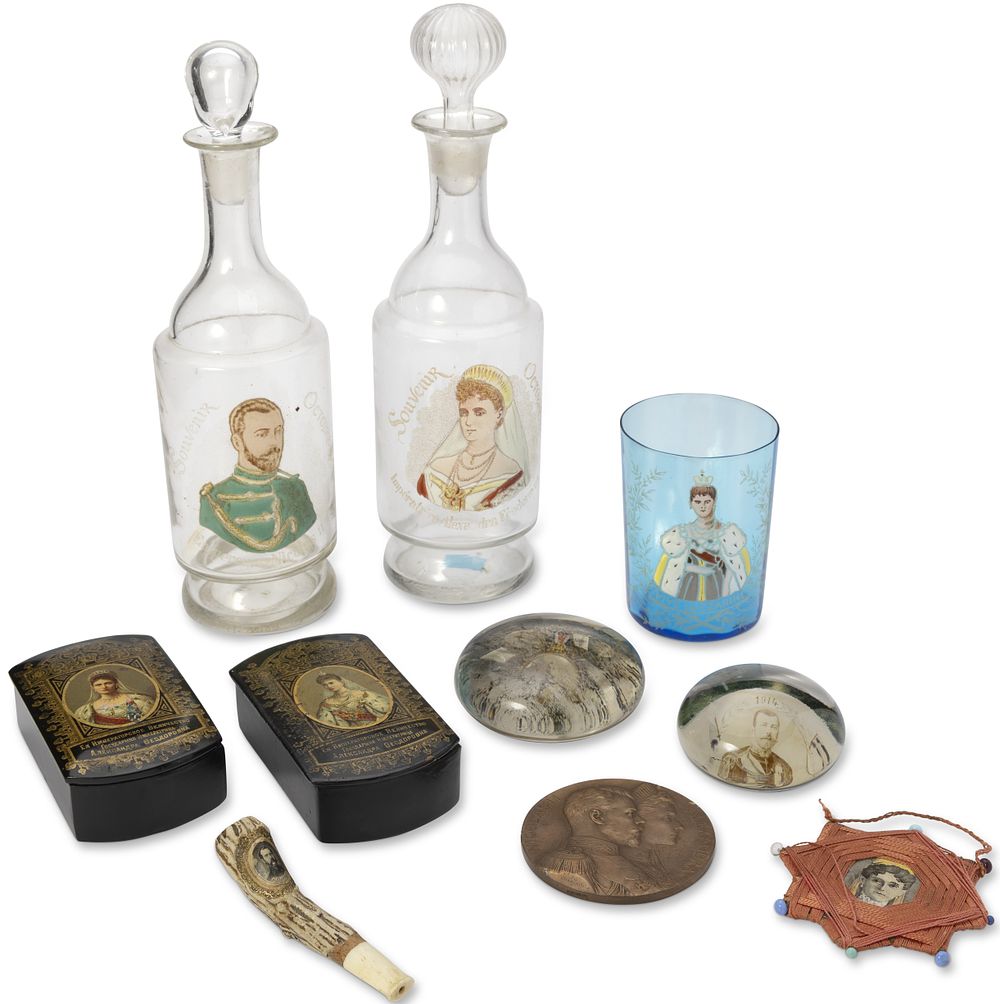 SET OF IMPERIAL RUSSIAN SOUVENIRS. i) Two glass bottles with hand-painted portrait of Alexandra 