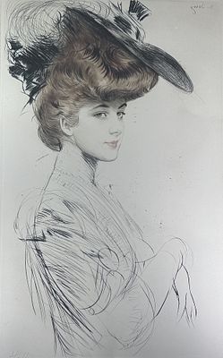 PAUL C&Eacute;SAR HELLEU (1859-1927)
Femme au chapeau [ "Madame de Savoy"]. signed in pencil 'Helleu' 