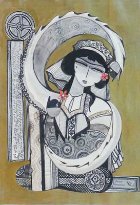 JAZEH TABATABAI (1931-2008)
Female figure with flowers. signed in Farsi and English ‘JAZEH 