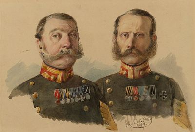 UNKNOWN RUSSIAN ARTIST, 19TH CENTURY
Two Grenadiers a Pied, participants in the Napoleonic Wars. 