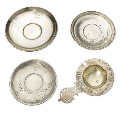 GROUP OF THREE RUSSIAN SILVER SAUCERS AND A TEA STRAINER, late 19th-early 20th century
. includin 