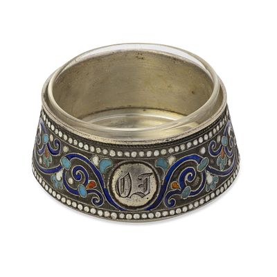 RUSSIAN SILVER AND CLOISONN&Eacute; ENAMEL SALT CELLAR WITH GLASS INSERT
Maker’s mark of Prokopy 